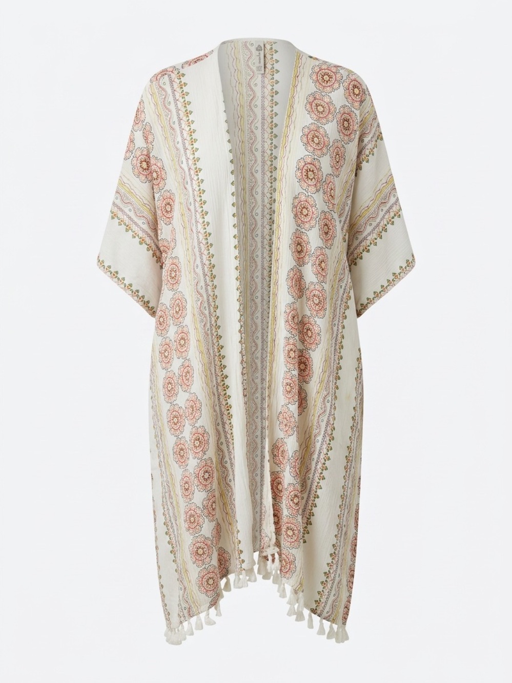 Dreamers by Debut Boho Tassel Kimono Ivory Medallion Print Open Front Size M